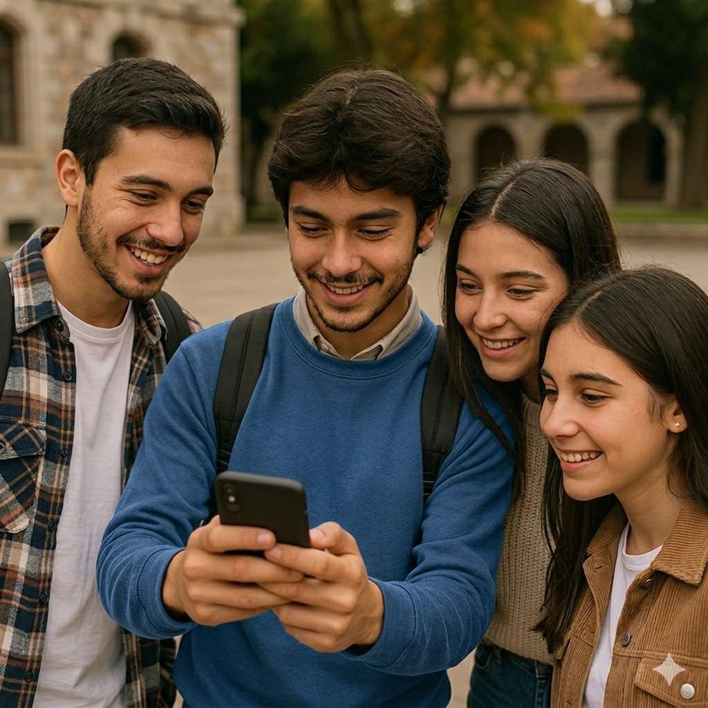 Estudiantes usando una app institucional en su celular